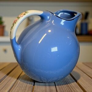 Vintage Hall Ball Jug Pitcher Royal Rose 64 oz Cadet Blue Design on Handle #633